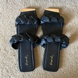 Qupid square open toe black sandals with gold tip & double strap for women